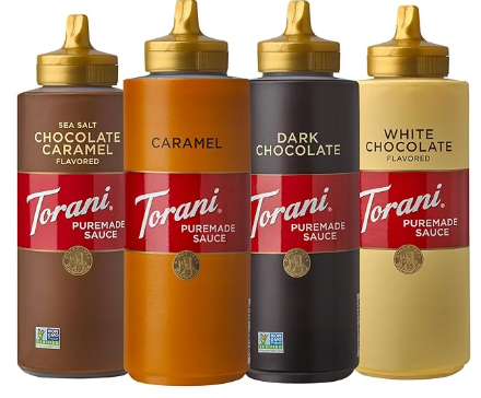 Torani Puremade Dessert & Drink Sauce Variety Pack Coffee & Dessert Topping Set – Chocolate, Caramel, Dark Chocolate & White Chocolate Caramel – 16.5 oz Bottles – 4 Pack Gourmet Sauce Collection