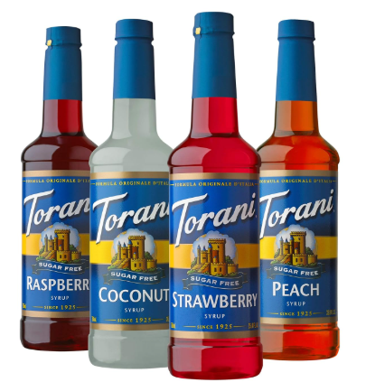 Torani Sugar Free Syrup Soda Flavors Variety Pack – Strawberry, Coconut, Peach & Raspberry – Zero Sugar Drink Syrups for Italian Soda, Coffee & Cocktails – 25.4 fl oz Bottles (Pack of 4)