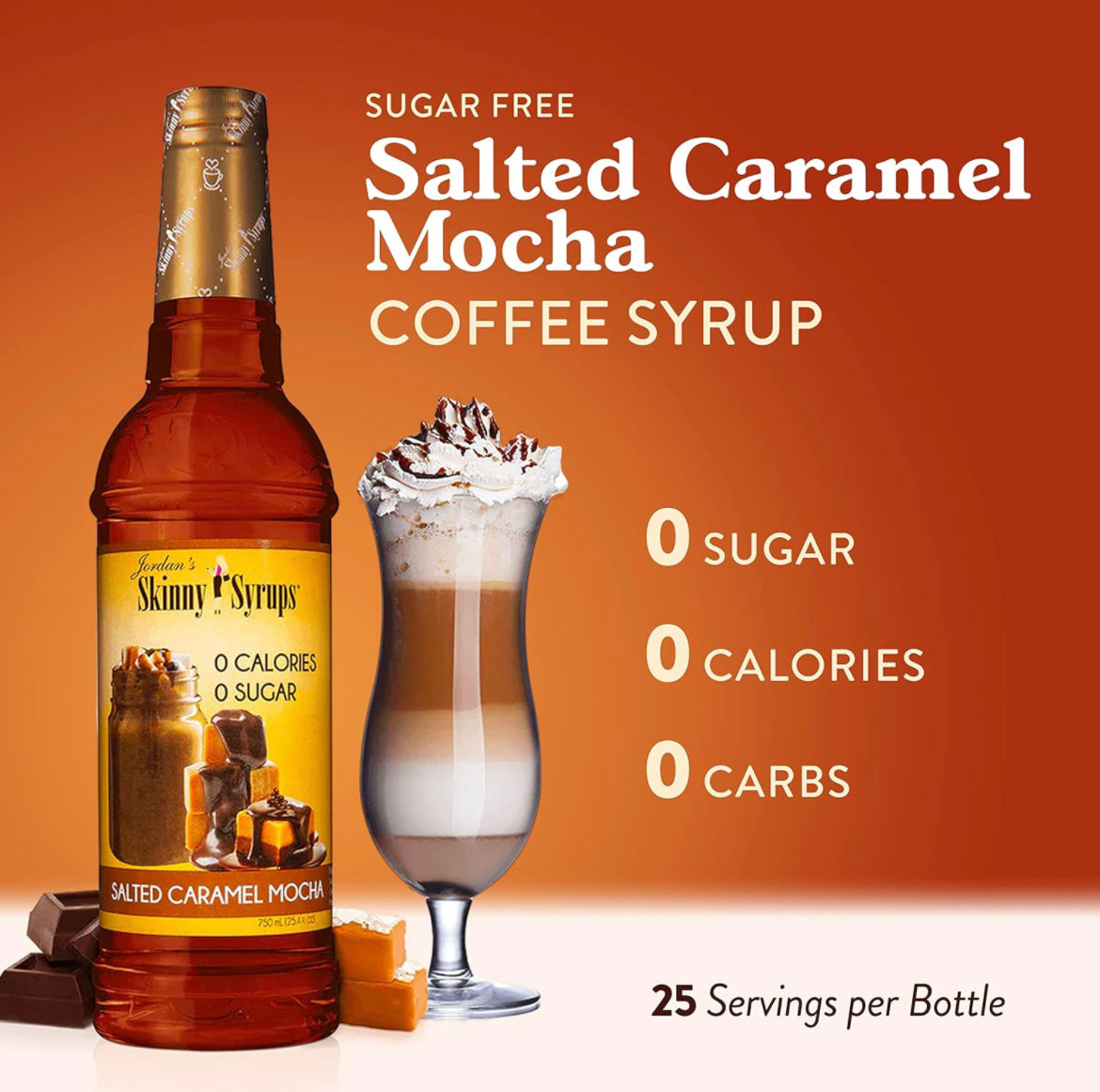 Jordan's Skinny Syrups, Salted Caramel Mocha Coffee Syrup, Sugar Free, 25.4 Ounces (Pack of 2), Zero Calorie Drink Flavoring & Mixes