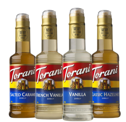 Torani Flavored Drink Syrup Café Variety Pack – Vanilla, French Vanilla, Salted Caramel & Hazelnut – Coffee Flavoring Syrups – 12.7 fl oz Bottles (Set of 4)